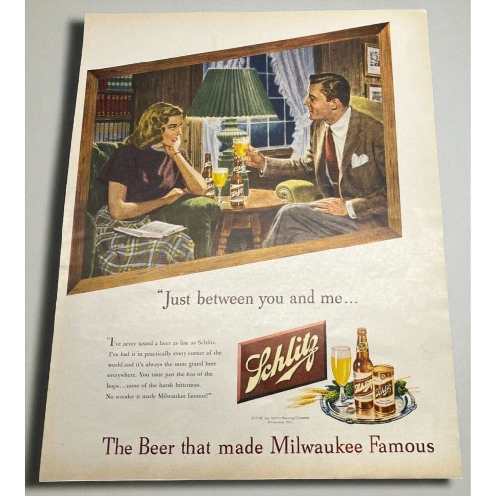 Schlitz Beer Vintage Print Ad 1940s Milwaukee Brewing Color Wall Art